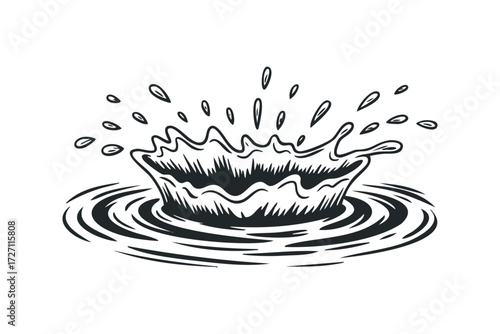 Dynamic water splash with droplets and ripples. Vector hand drawn illustration