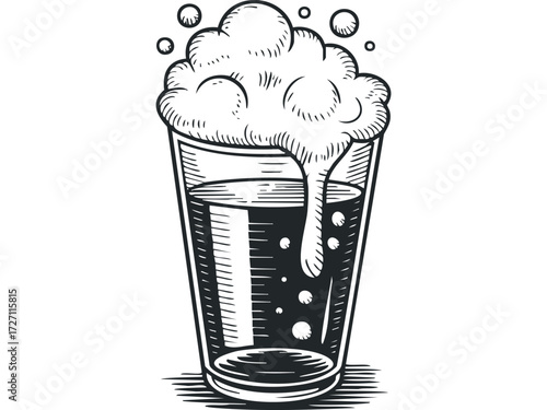 Glass of Dark Ale Overflowing with Foam. Vector hand drawn illustration