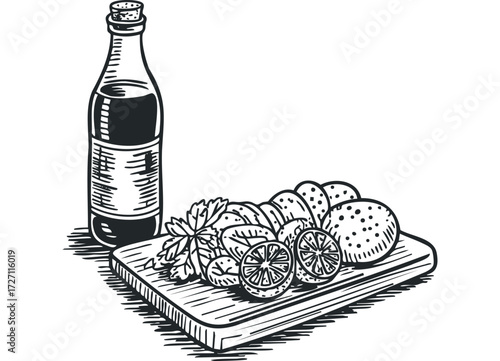 Line Drawing of Bottle and Fresh Produce on Wooden Board. Vector hand drawn illustration