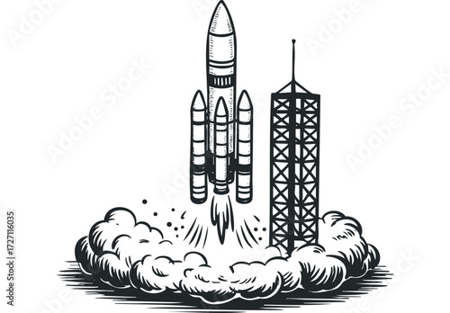 Rocket Launching from Pad With Smoke Plumes. Vector hand drawn illustration