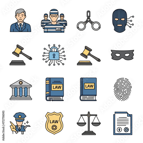 Justice symbols blend technology and law, depicting crime, court, and protection concepts for legal innovation and security themes.