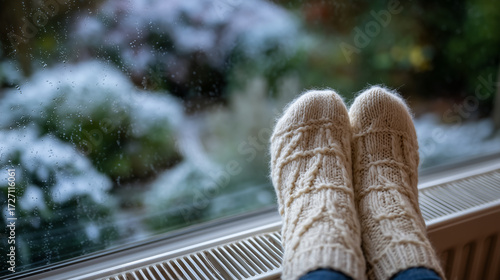 Pair of cozy feet in wool socks propped on radiator, blurred background of frosted window and snowy garden, warm tones enhancing indoor comfort