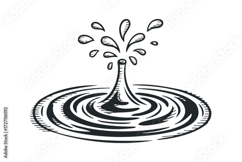 Spurting liquid with ripples in ink sketch style. Vector hand drawn illustration