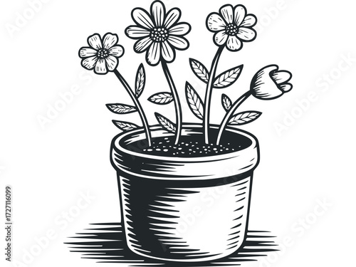 Flower pot with blooming blossoms and leaves. Vector hand drawn illustration
