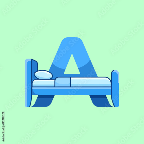 A stylized blue bed with a pillow and blanket in front of a large letter A on a light green background.