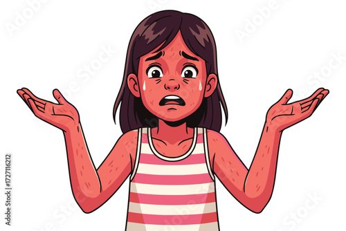 A distressed girl with sunburned skin expressing confusion, isolated on white background her red skin and tearful eyes convey discomfort and uncertainty vector