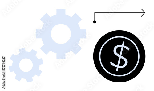Two gears driving an arrow leading to a dollar sign coin, symbolizing financial efficiency, progress, and automation. Ideal for concepts of finance, investment, business growth, process optimization