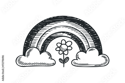 Drawn Rainbow Over Clouds With Flower. Vector hand drawn illustration