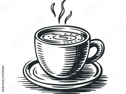 Sketch of steaming cup on saucer. Vector hand drawn illustration