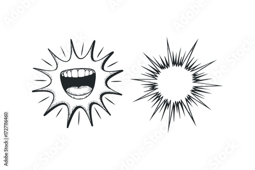 Screaming Mouth Explosion Bubble Hand Drawn. Vector hand drawn illustration