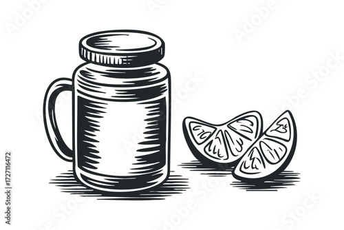 Jar of pickles with lemon slices graphic. Vector hand drawn illustration