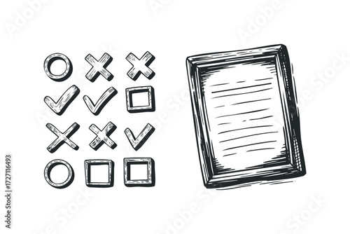 Hand drawn symbols for tic tac toe game and checklist paper. Vector hand drawn illustration