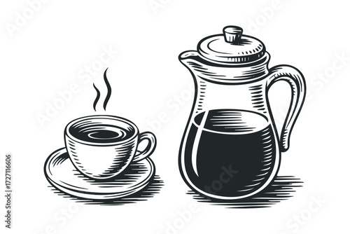 Hot Coffee Cup and Carafe Woodcut Style. Vector hand drawn illustration