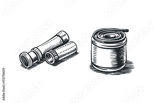 Telescope and rolled object. Vector hand drawn illustration