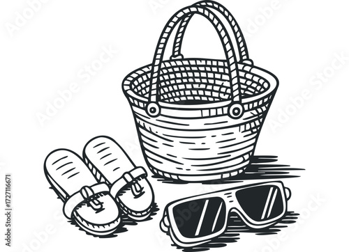 Woven basket with sandals and sunglasses depicted in line art. Vector hand drawn illustration