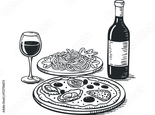 Pizza and Pasta Meal with Wine Glass and Bottle. Vector hand drawn illustration