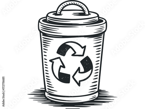 Hand Drawn Trash Can with Recycling Symbol. Vector hand drawn illustration