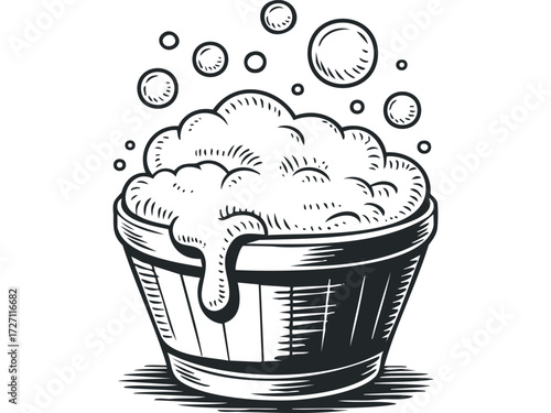 Wooden Tub Overflowing With Bubbles and Suds. Vector hand drawn illustration