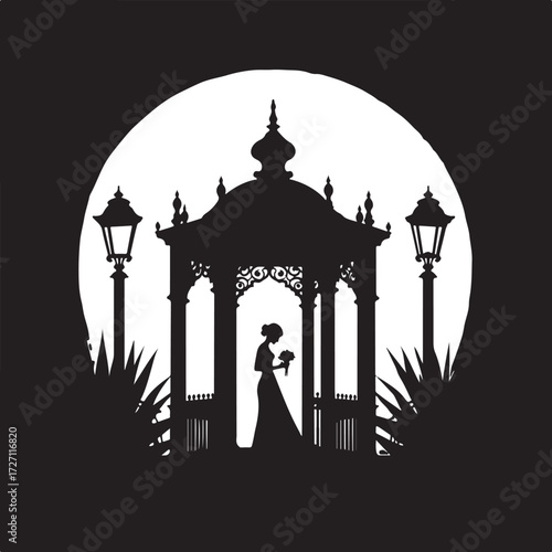 Silhouette bride in gazebo with street lamps and foliage