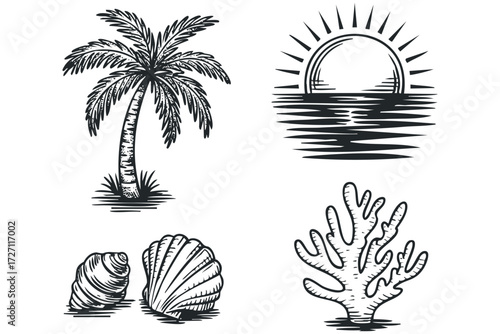 Palm Tree Sunrise Ocean Shells and Coral Icons. Vector hand drawn illustration