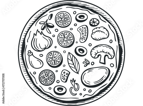 Hand Drawn Pizza Toppings Line Art. Vector hand drawn illustration
