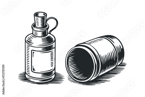 Vintage apothecary bottle and vial with stopper. Vector hand drawn illustration