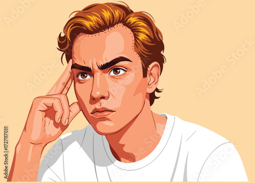 Man with furrowed brow and finger on temple in deep thought illustration