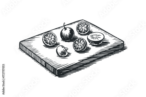Hand Drawn Citrus Slices and Whole Fruit on Wooden Board. Vector hand drawn illustration