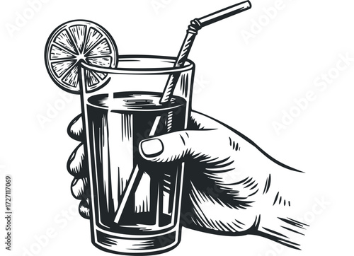 Hand holding tall glass with straw and citrus slice. Vector hand drawn illustration