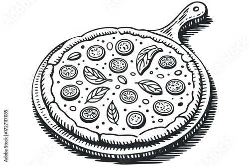 Hand drawn pizza on wooden board. Vector hand drawn illustration