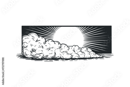 Explosion of smoke and sun rays graphic. Vector hand drawn illustration