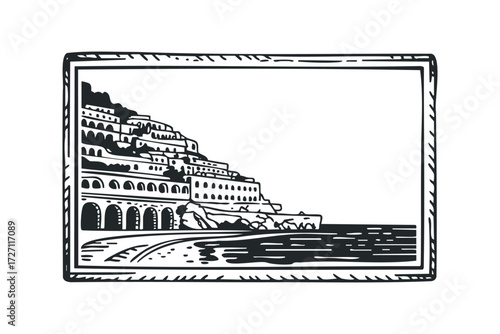 Coastal village built on hillside beside ocean water. Vector hand drawn illustration