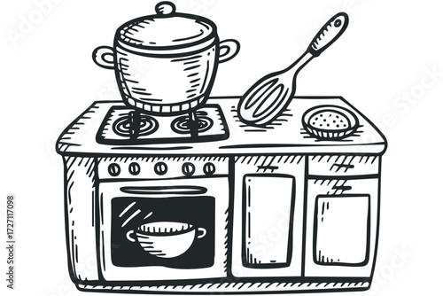 Sketch of old stove with pot and ladle. Vector hand drawn illustration