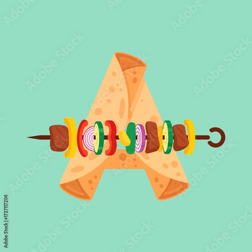 An artistic illustration of a kebab skewer with vegetables and meat, wrapped in a tortilla.