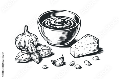 Pesto Ingredients in Sketch Style. Vector hand drawn illustration