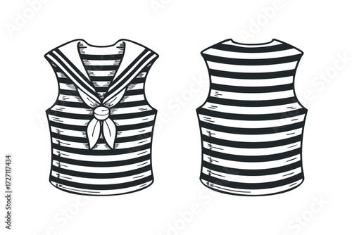 Striped Sailor Vest with Neck Scarf. Vector hand drawn illustration