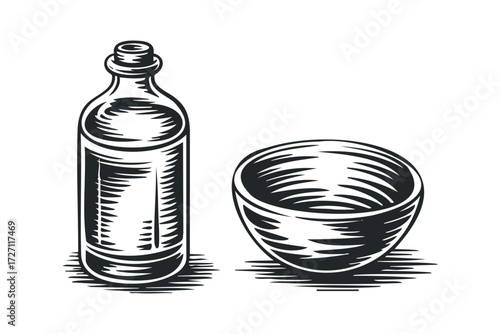Etched bottle and bowl on white background. Vector hand drawn illustration