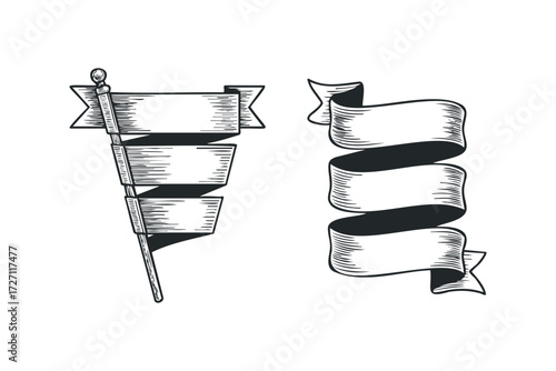 Engraved flag and ribbon emblems. Vector hand drawn illustration