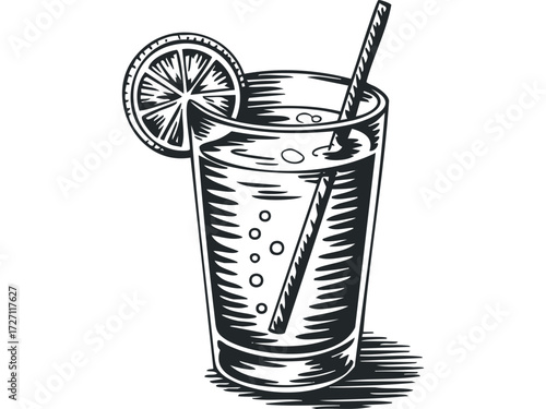 Sketch of Refreshing Beverage in Tall Glass with Lime Slice. Vector hand drawn illustration