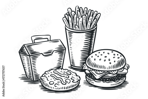 Hand-drawn sketch of a burger, fries, and takeaway box. Vector hand drawn illustration