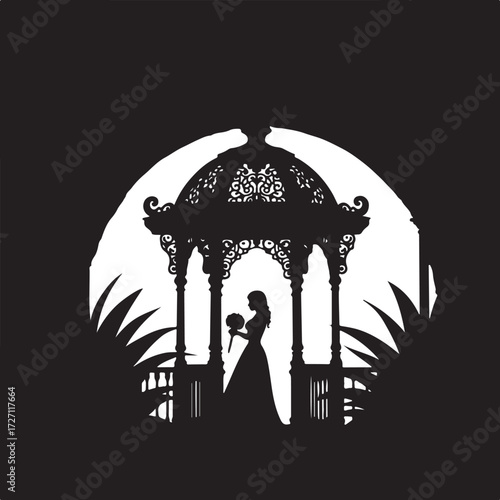 Silhouette bride in ornate gazebo holding bouquet wedding