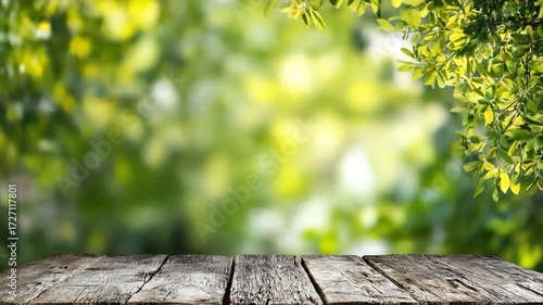 Empty Old Wood Plank Surface Against Vibrant Green Foliage and Blurry Woodland Scene