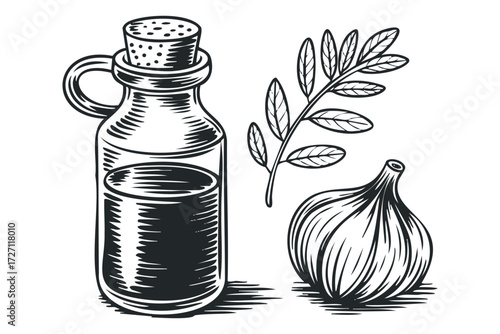 Bottle of oil with garlic and herb branch. Vector hand drawn illustration
