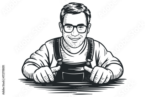 Friendly man with glasses wearing overalls. Vector hand drawn illustration