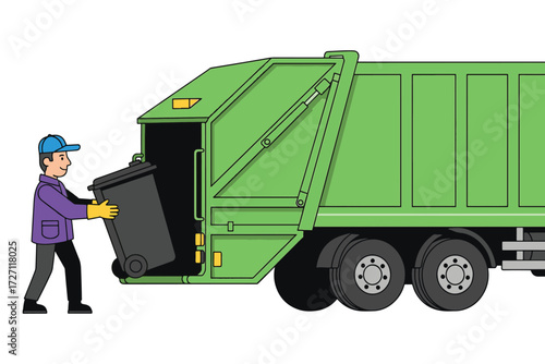 Garbage truck collecting trash isolated on white background, illustrating waste management and environmental services with a focus on sanitation and recycling vector