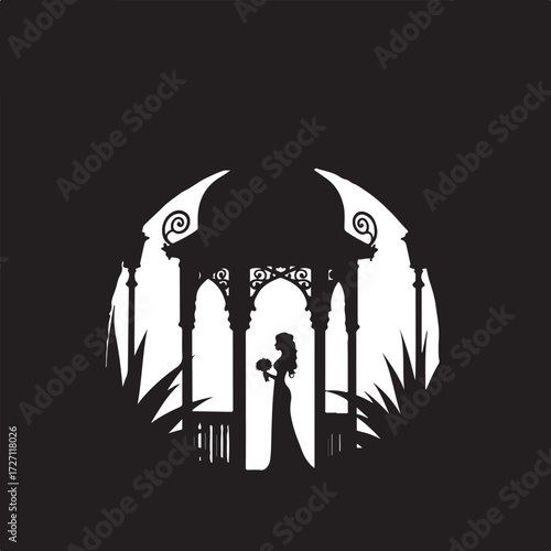 Silhouette of bride holding bouquet in ornate gazebo