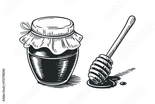 Jar of Honey with Dipper. Vector hand drawn illustration