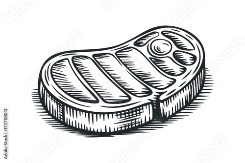 Black and White Graphic of a Beef Steak. Vector hand drawn illustration