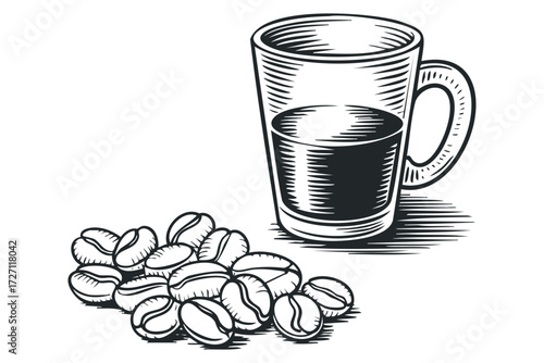 Coffee beans with a glass of dark beverage. Vector hand drawn illustration