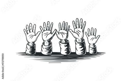Group of Five Raised Hands in Monochromatic Style. Vector hand drawn illustration